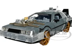 DeLorean Brushed Metal Time Machine Train Wheel Version with Lights Back to the Future Part III 1990 Movie Hollywood Rides Series 1/24 Diecast Model Car Jada 34996