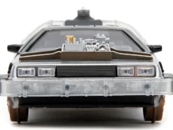 DeLorean Brushed Metal Time Machine Train Wheel Version with Lights Back to the Future Part III 1990 Movie Hollywood Rides Series 1/24 Diecast Model Car Jada 34996