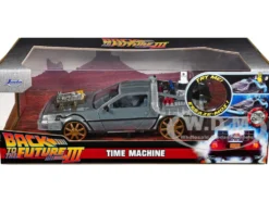 DeLorean Brushed Metal Time Machine Train Wheel Version with Lights Back to the Future Part III 1990 Movie Hollywood Rides Series 1/24 Diecast Model Car Jada 34996