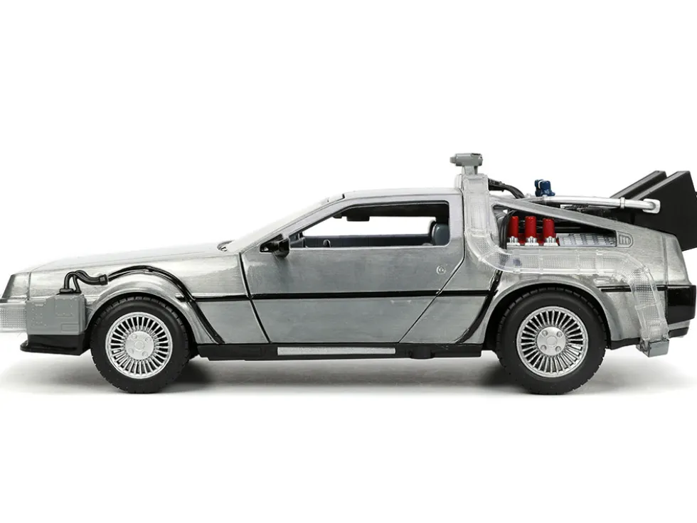 DeLorean Brushed Metal Time Machine Lights Back to the Future 1985 Movie Hollywood Rides Series 1/24 Diecast Model Car Jada 32911