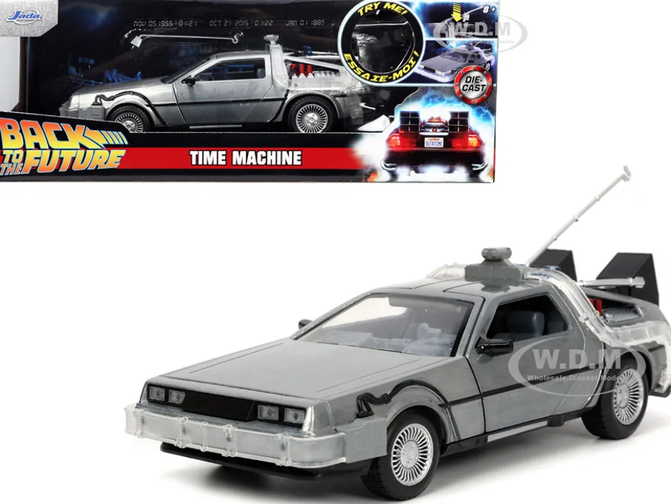 DeLorean Brushed Metal Time Machine Lights Back to the Future 1985 Movie Hollywood Rides Series 1/24 Diecast Model Car Jada 32911