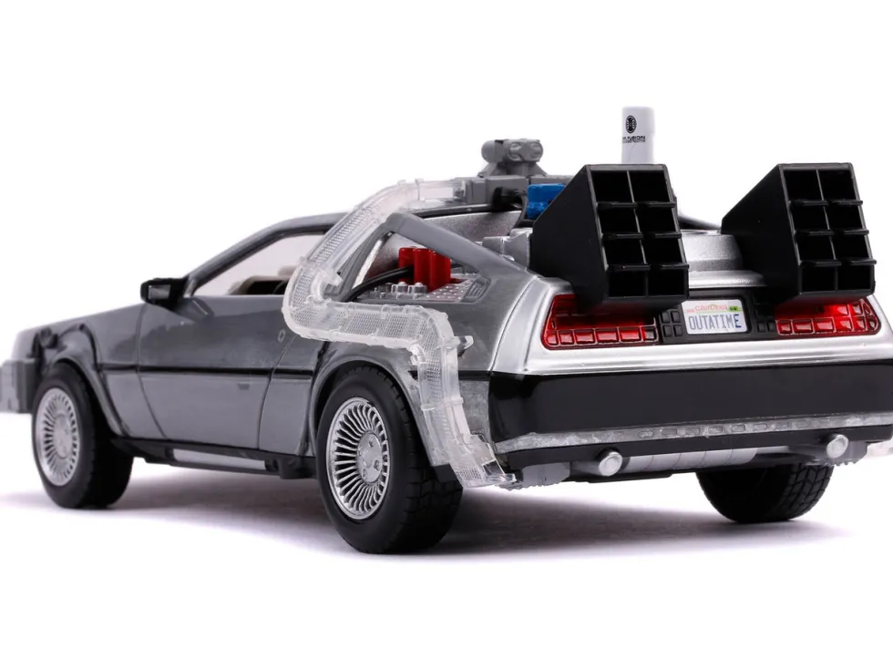 DeLorean Brushed Metal Time Machine with Lights Flying Version Back to the Future Part II 1989 Movie Hollywood Rides Series 1/24 Diecast Model Car Jada 31468