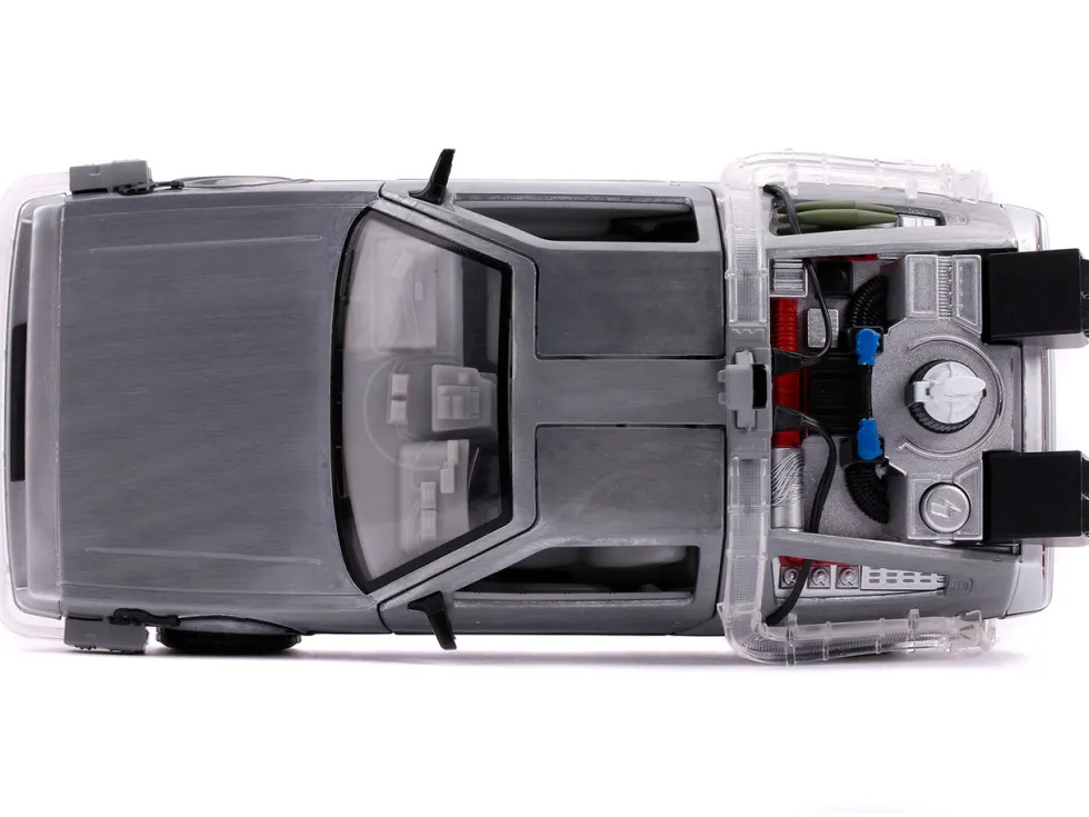 DeLorean Brushed Metal Time Machine with Lights Flying Version Back to the Future Part II 1989 Movie Hollywood Rides Series 1/24 Diecast Model Car Jada 31468