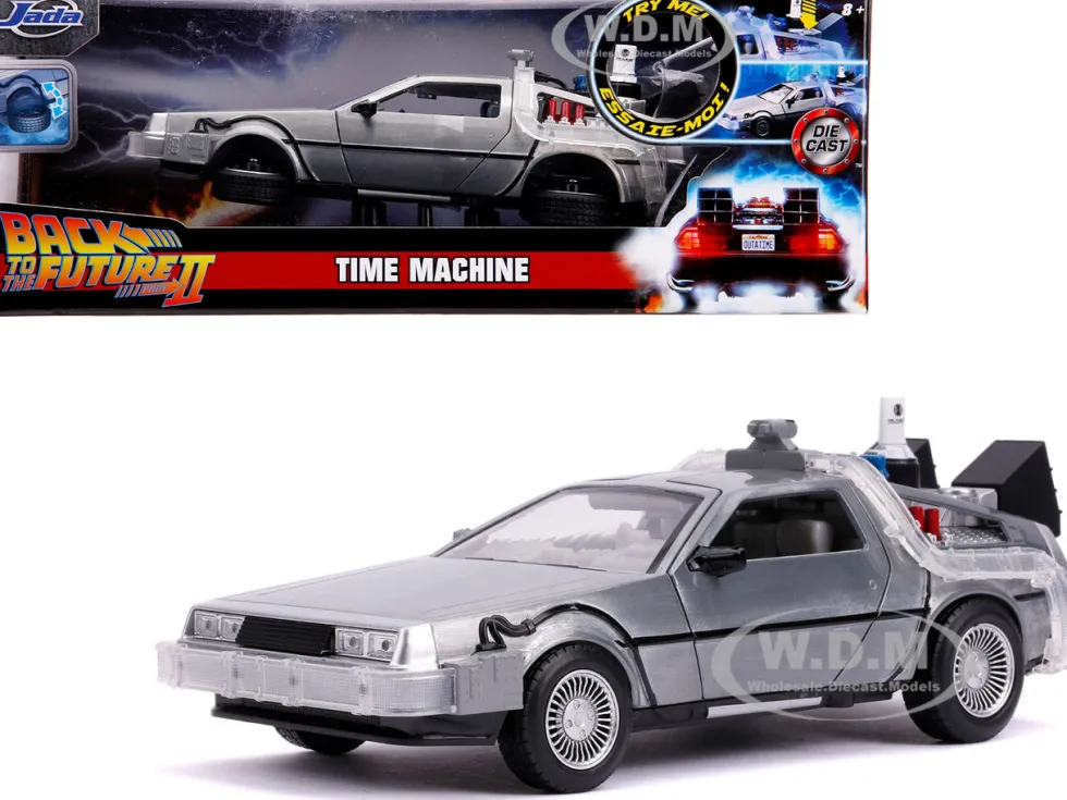 DeLorean Brushed Metal Time Machine with Lights Flying Version Back to the Future Part II 1989 Movie Hollywood Rides Series 1/24 Diecast Model Car Jada 31468