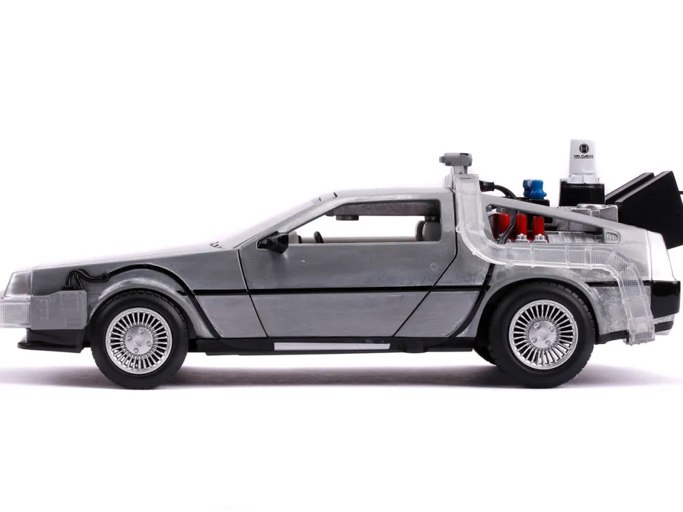 DeLorean Brushed Metal Time Machine with Lights Flying Version Back to the Future Part II 1989 Movie Hollywood Rides Series 1/24 Diecast Model Car Jada 31468