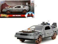 DeLorean DMC Time Machine Brushed Metal Train Wheel Version Back to the Future Part III 1990 Movie Hollywood Rides Series 1/32 Diecast Model Car Jada 34786