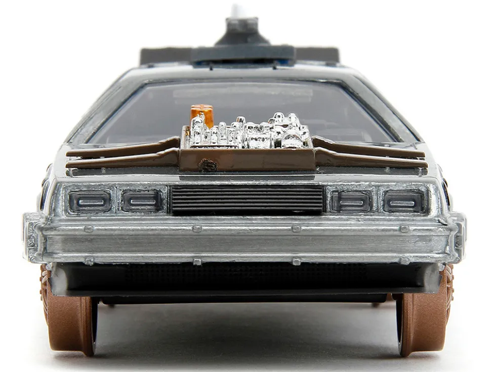 DeLorean DMC Time Machine Brushed Metal Train Wheel Version Back to the Future Part III 1990 Movie Hollywood Rides Series 1/32 Diecast Model Car Jada 34786