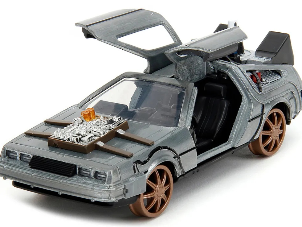 DeLorean DMC Time Machine Brushed Metal Train Wheel Version Back to the Future Part III 1990 Movie Hollywood Rides Series 1/32 Diecast Model Car Jada 34786