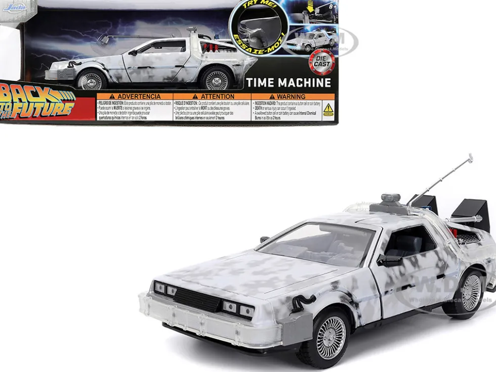 DMC DeLorean Time Machine Brushed Metal (Frost Version) with Lights "Back to the Future" (1985) Movie "Hollywood Rides" Series 1/24 Diecast Model Car by Jada
