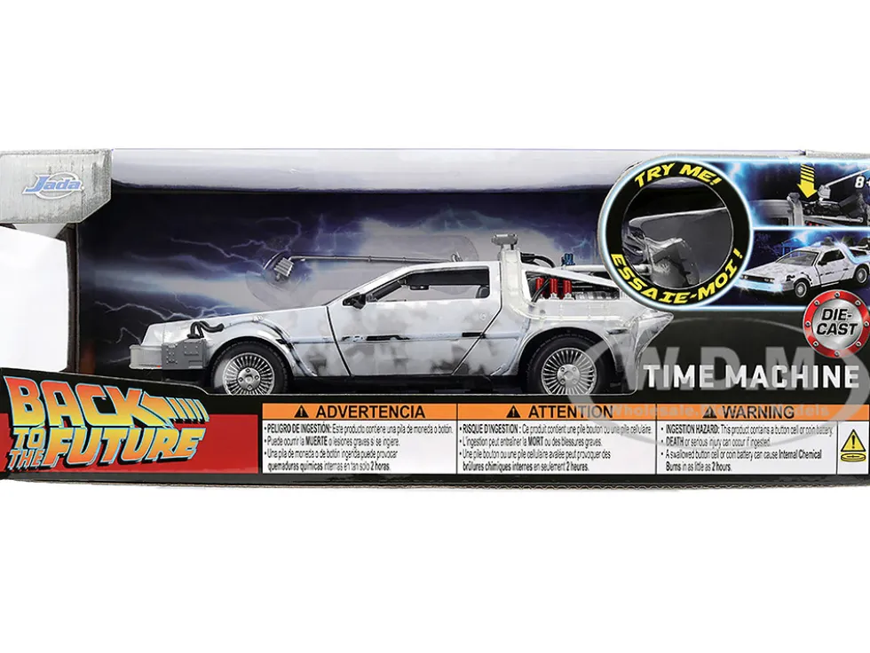 DMC DeLorean Time Machine Brushed Metal (Frost Version) with Lights "Back to the Future" (1985) Movie "Hollywood Rides" Series 1/24 Diecast Model Car by Jada