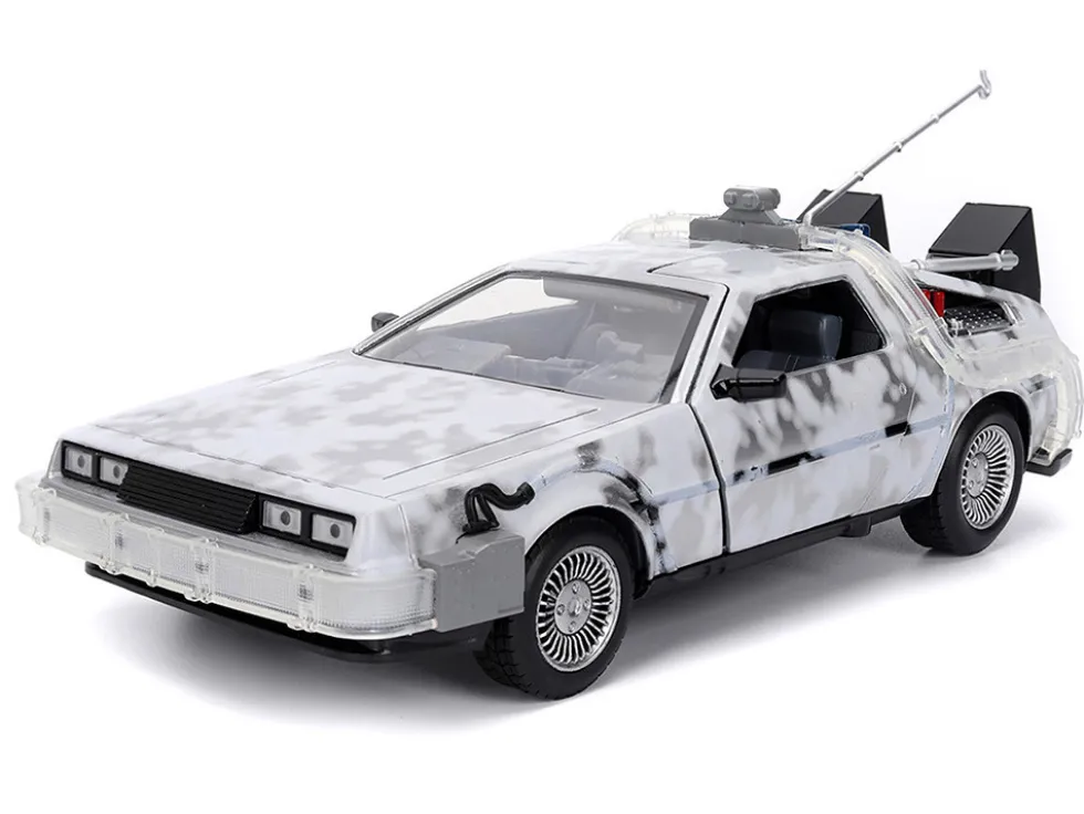 DMC DeLorean Time Machine Brushed Metal (Frost Version) with Lights "Back to the Future" (1985) Movie "Hollywood Rides" Series 1/24 Diecast Model Car by Jada