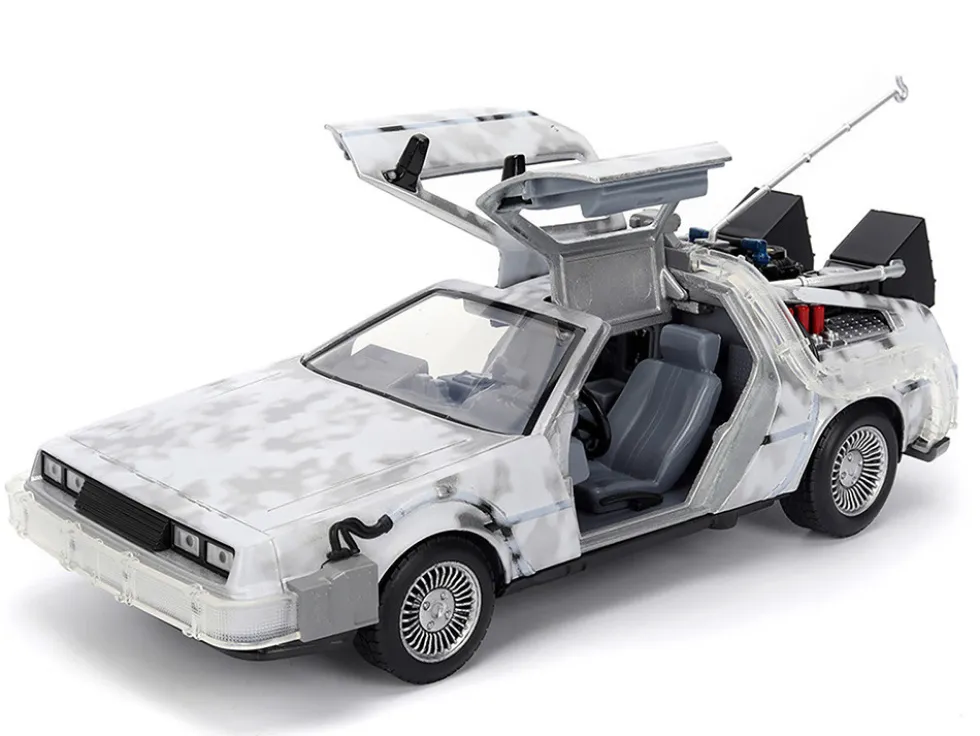 DMC DeLorean Time Machine Brushed Metal (Frost Version) with Lights "Back to the Future" (1985) Movie "Hollywood Rides" Series 1/24 Diecast Model Car by Jada