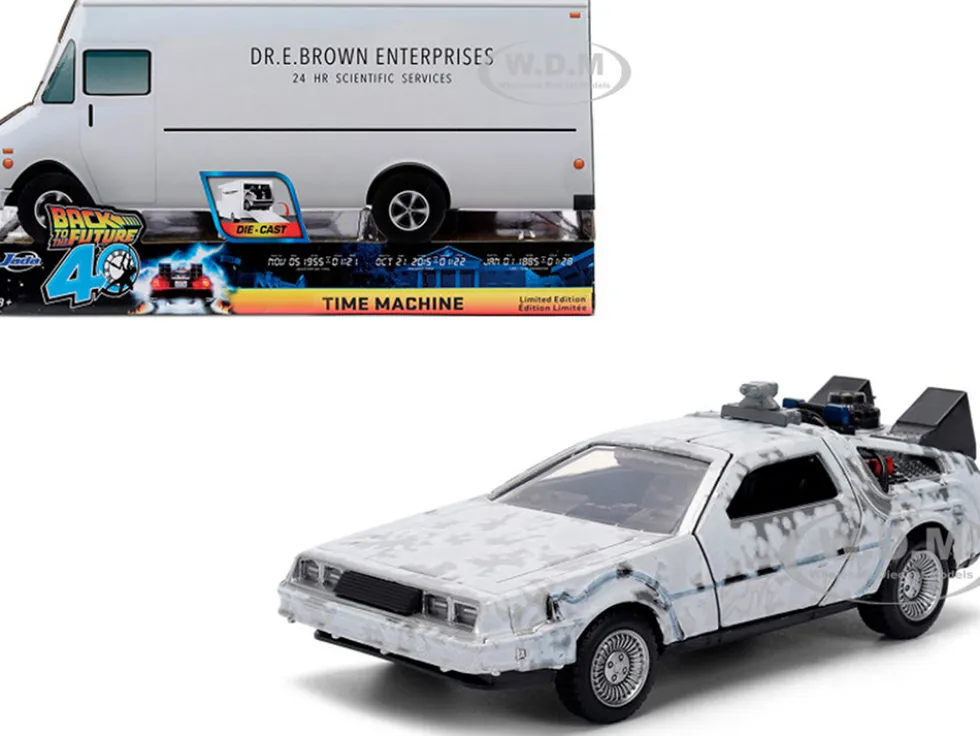 DMC DeLorean Time Machine Brushed Metal (Frost Version) "Back to the Future" (1985) Movie "40th Anniversary" Special Packaging "Hollywood Rides" Series 1/32 Diecast Model Car by Jada