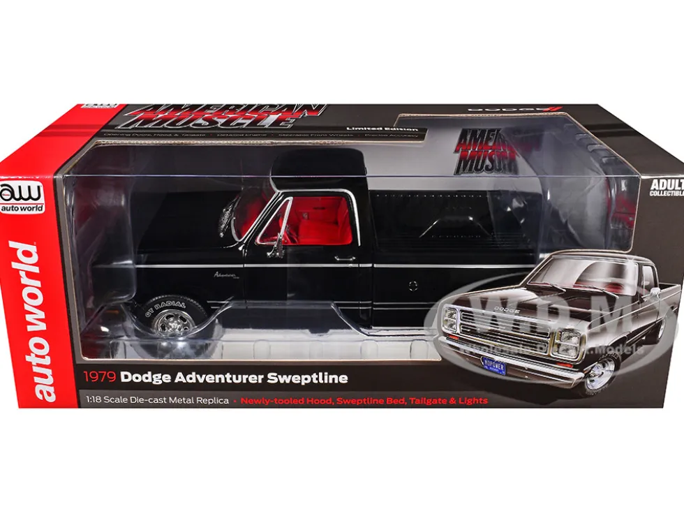 1979 Dodge Adventurer Sweptline Pickup Truck Black with Red Interior "American Muscle" Series 1/18 Diecast Model Car by Auto World
