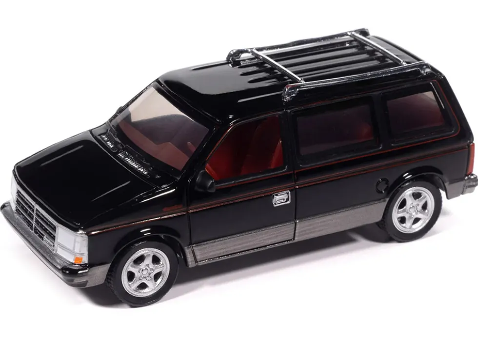1989 Dodge Caravan Turbo Van Black with Red Stripes and Interior "Mighty Minivans" Series 1/64 Diecast Model Car by Auto World