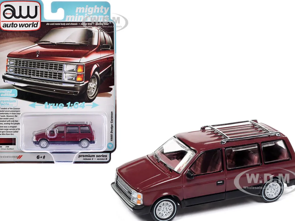 1985 Dodge Caravan Van Crimson Red and Black "Mighty Minivans" Series 1/64 Diecast Model Car by Auto World