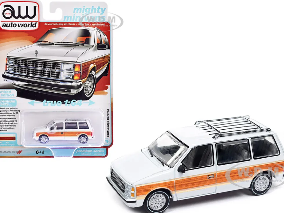 1985 Dodge Caravan Van White with Woodgrain Side Panels "Mighty Minivans" Series 1/64 Diecast Model Car by Auto World