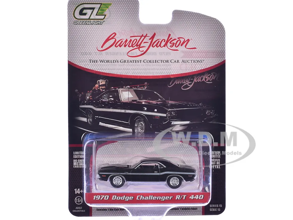 1970 Dodge Challenger R/T 440 Black with White Stripes "Barrett-Jackson" Series 15 1/64 Diecast Model Car by Greenlight