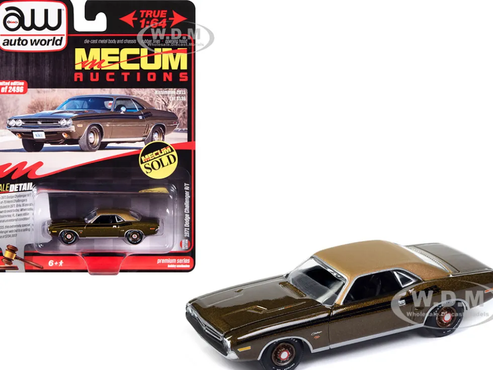 1971 Dodge Challenger R T Dark Gold Metallic with Gold Vinyl Roof Mecum Auctions Limited Edition to 2496 pieces Worldwide Premium Series 1/64 Diecast Model Car Auto World AWSP160