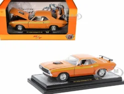 1971 Dodge Challenger R/T 440 Orange with Yellow Stripes and White Interior Limited Edition to 5250 pieces Worldwide 1/24 Diecast Model Car by M2 Machines