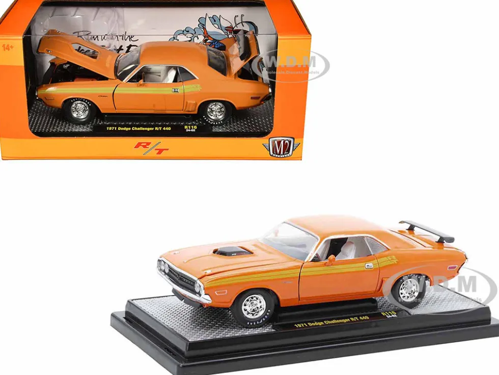 1971 Dodge Challenger R/T 440 Orange with Yellow Stripes and White Interior Limited Edition to 5250 pieces Worldwide 1/24 Diecast Model Car by M2 Machines