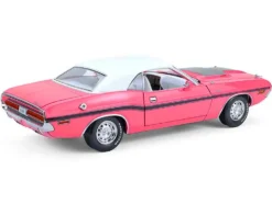 1970 Dodge Challenger R/T 440 Six Pack Panther Pink with Black Stripes, White Top and White Interior 1/18 Diecast Model Car by Greenlight