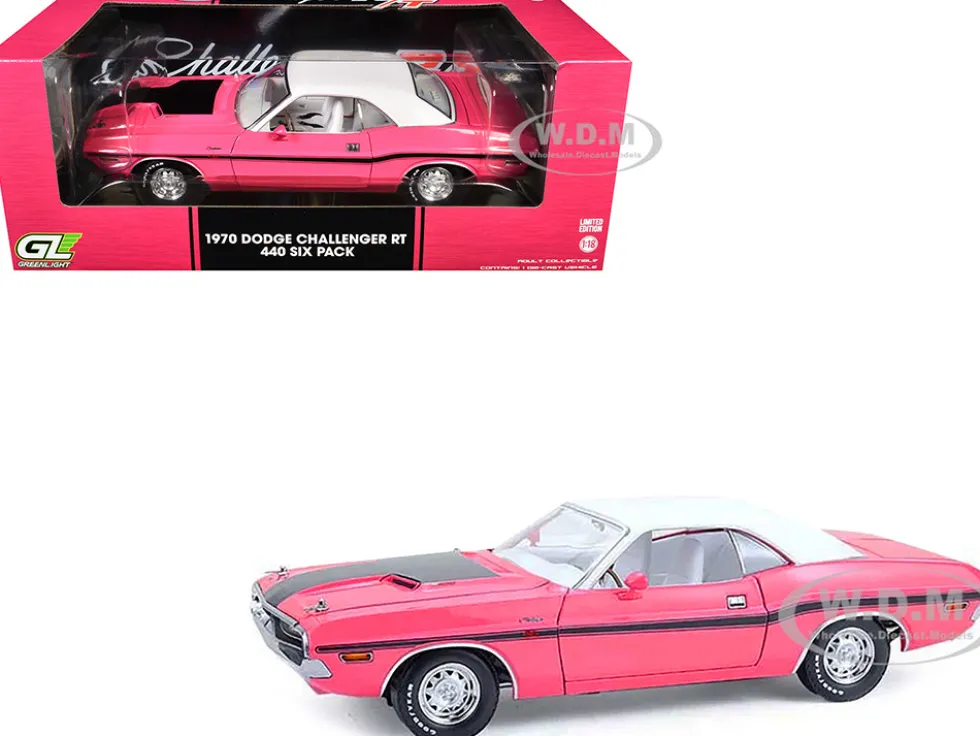 1970 Dodge Challenger R/T 440 Six Pack Panther Pink with Black Stripes, White Top and White Interior 1/18 Diecast Model Car by Greenlight