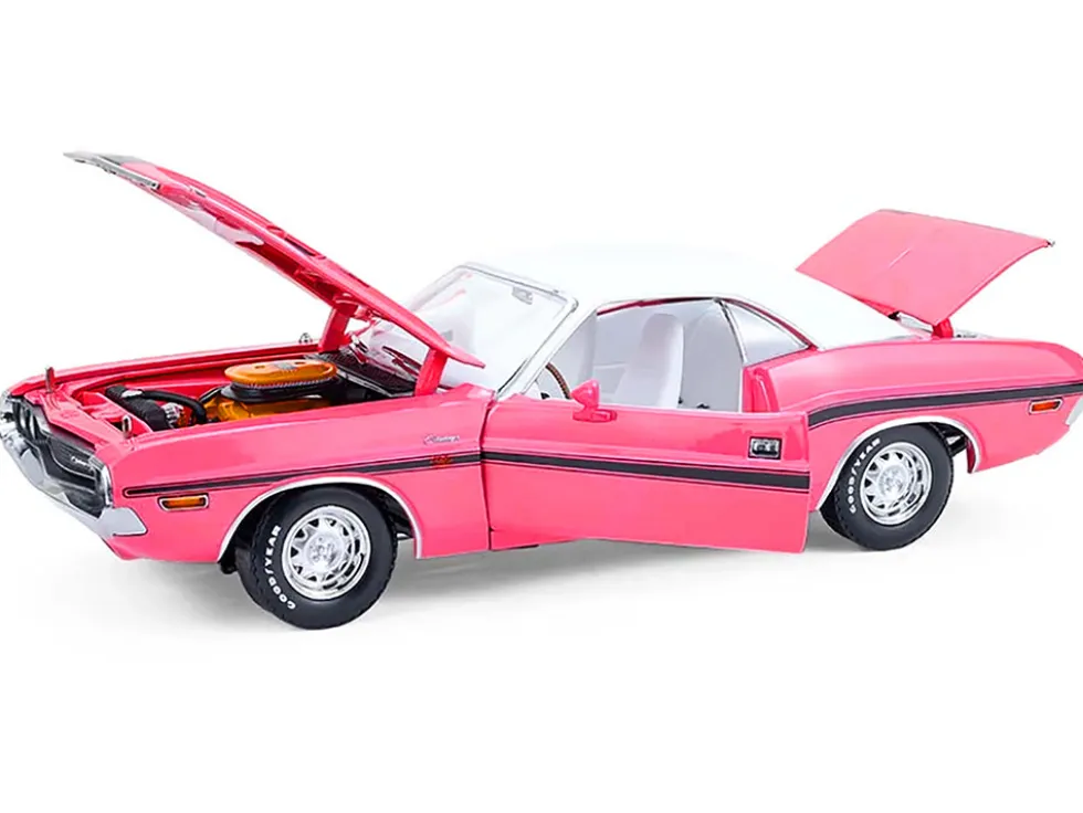 1970 Dodge Challenger R/T 440 Six Pack Panther Pink with Black Stripes, White Top and White Interior 1/18 Diecast Model Car by Greenlight