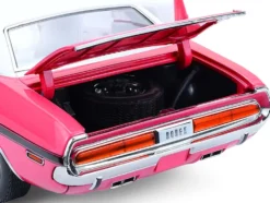 1970 Dodge Challenger R/T 440 Six Pack Panther Pink with Black Stripes, White Top and White Interior 1/18 Diecast Model Car by Greenlight