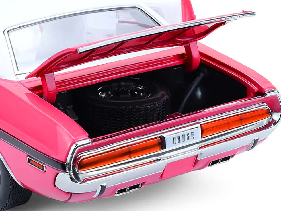 1970 Dodge Challenger R/T 440 Six Pack Panther Pink with Black Stripes, White Top and White Interior 1/18 Diecast Model Car by Greenlight