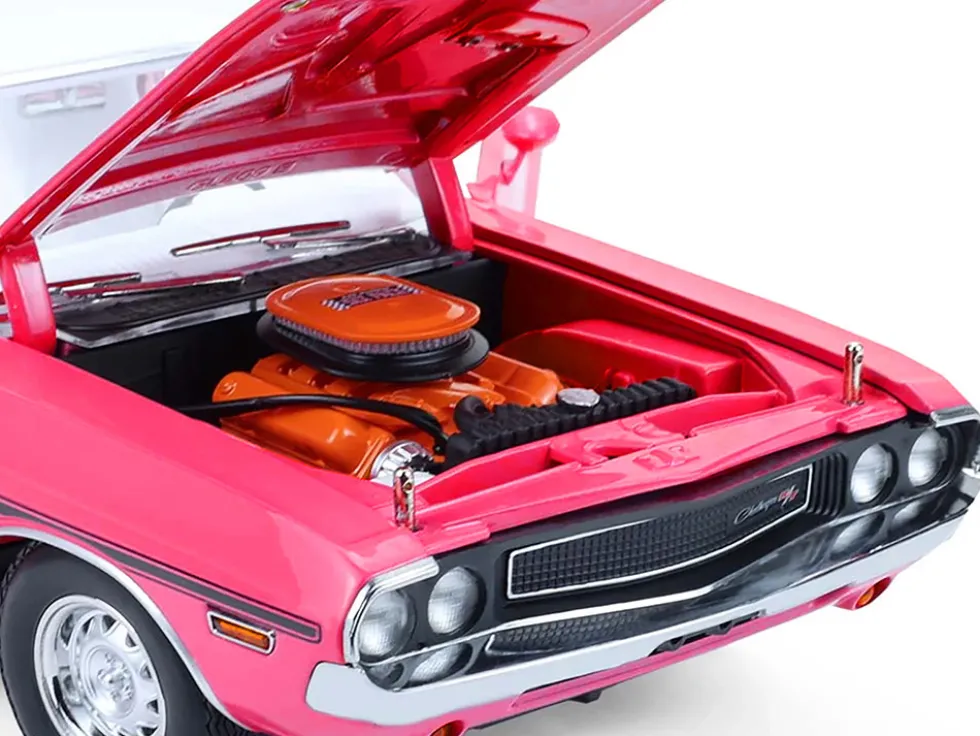 1970 Dodge Challenger R/T 440 Six Pack Panther Pink with Black Stripes, White Top and White Interior 1/18 Diecast Model Car by Greenlight