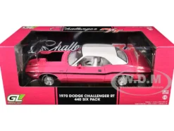 1970 Dodge Challenger R/T 440 Six Pack Panther Pink with Black Stripes, White Top and White Interior 1/18 Diecast Model Car by Greenlight