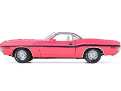 1970 Dodge Challenger R/T 440 Six Pack Panther Pink with Black Stripes, White Top and White Interior 1/18 Diecast Model Car by Greenlight