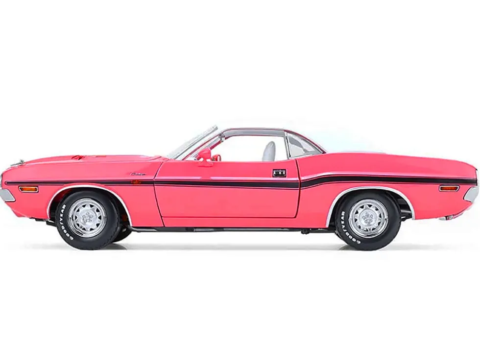 1970 Dodge Challenger R/T 440 Six Pack Panther Pink with Black Stripes, White Top and White Interior 1/18 Diecast Model Car by Greenlight