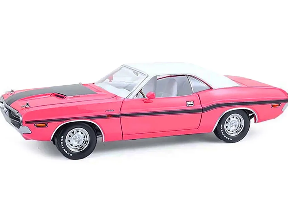 1970 Dodge Challenger R/T 440 Six Pack Panther Pink with Black Stripes, White Top and White Interior 1/18 Diecast Model Car by Greenlight