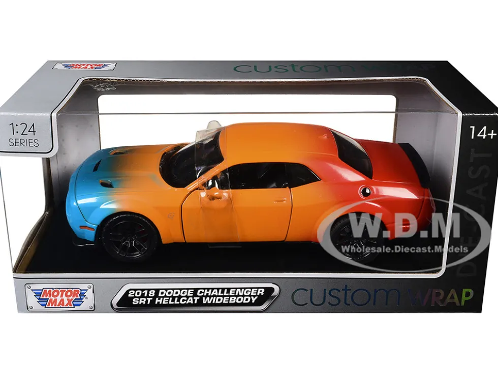2018 Dodge Challenger SRT Hellcat Widebody Blue, Orange and Red Gradient "Custom Wrap" Series 1/24 Diecast Model Car by Motormax