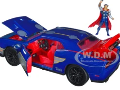 2015 Dodge Challenger SRT Hellcat Dark Blue Graphics Red Interior Thor Diecast Figure The Mighty Thor Marvel Series 1/24 Diecast Model Car Jada 32186