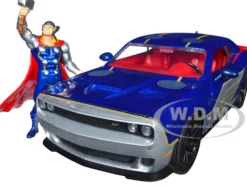 2015 Dodge Challenger SRT Hellcat Dark Blue Graphics Red Interior Thor Diecast Figure The Mighty Thor Marvel Series 1/24 Diecast Model Car Jada 32186