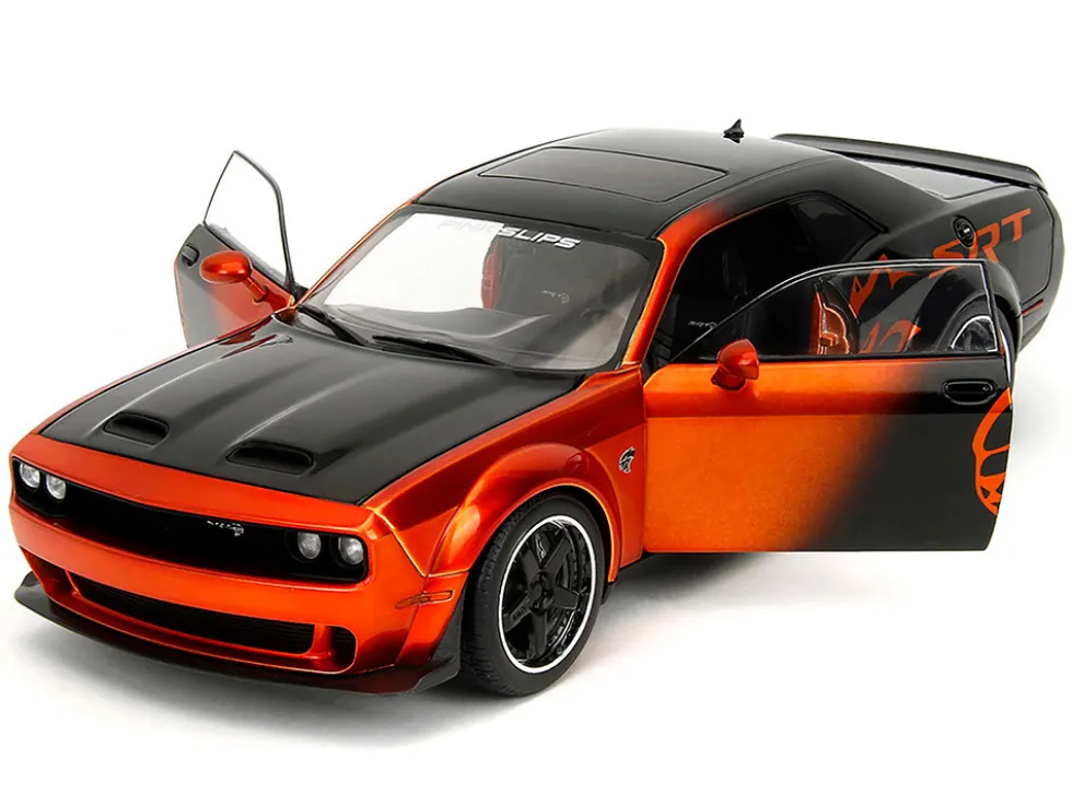Dodge Challenger SRT Hellcat Orange Metallic and Black "Pink Slips" Series 1/18 Diecast Model Car by Jada