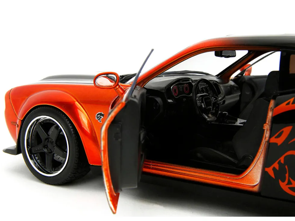 Dodge Challenger SRT Hellcat Orange Metallic and Black "Pink Slips" Series 1/18 Diecast Model Car by Jada
