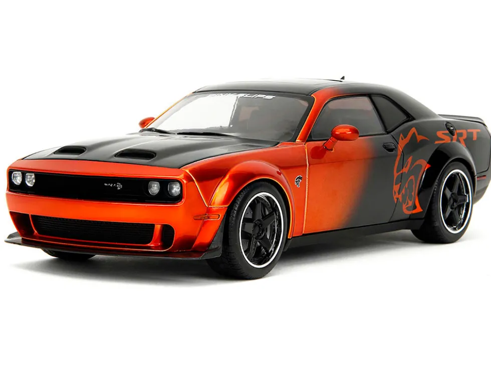 Dodge Challenger SRT Hellcat Orange Metallic and Black "Pink Slips" Series 1/18 Diecast Model Car by Jada