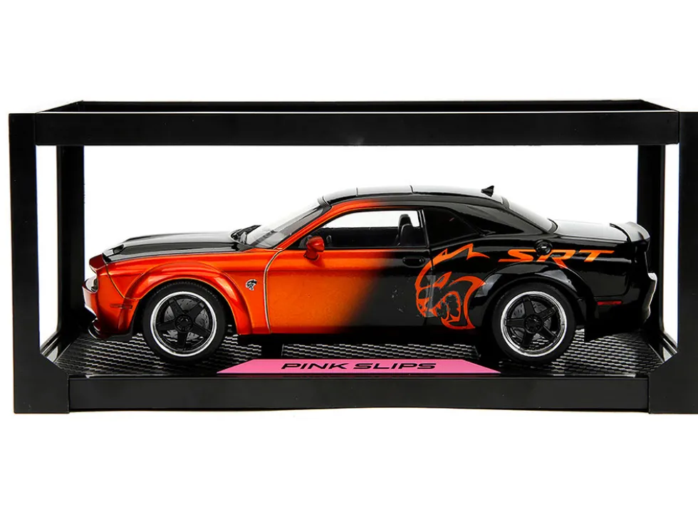 Dodge Challenger SRT Hellcat Orange Metallic and Black "Pink Slips" Series 1/18 Diecast Model Car by Jada