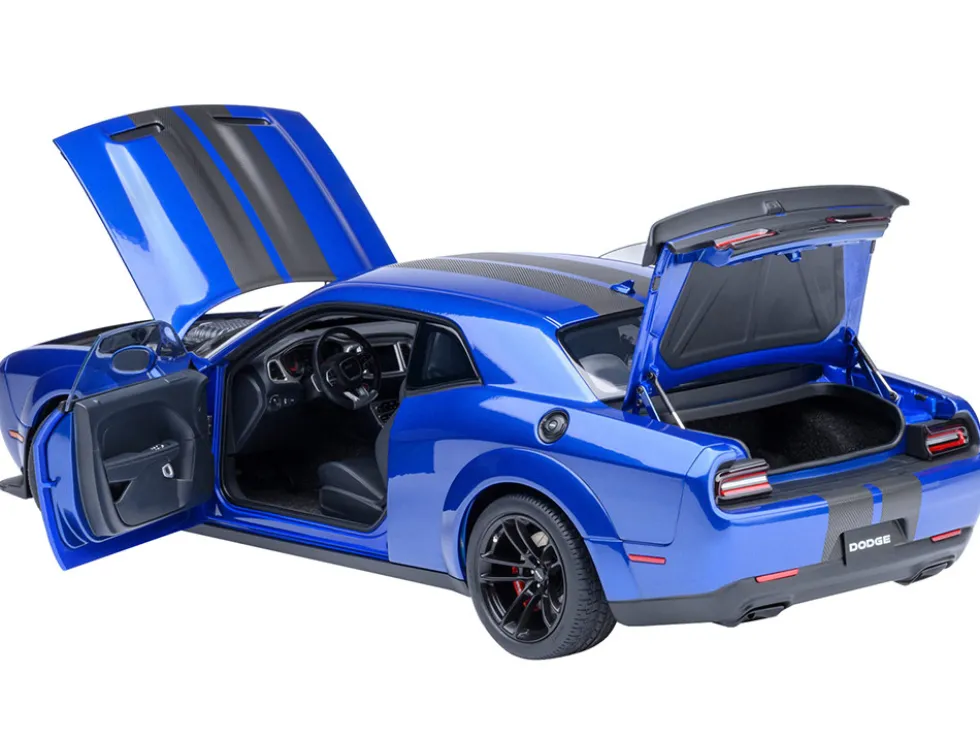 2022 Dodge Challenger SRT Jailbreak Indigo Blue Metallic with Carbon Stripes 1/18 Model Car by Autoart