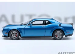 2023 Dodge Challenger SRT Super Stock Frostbite Blue Metallic with Carbon Stripes 1/18 Model Car by Autoart