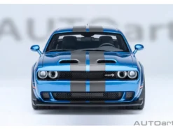 2023 Dodge Challenger SRT Super Stock Frostbite Blue Metallic with Carbon Stripes 1/18 Model Car by Autoart