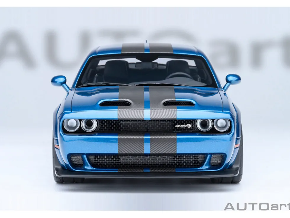 2023 Dodge Challenger SRT Super Stock Frostbite Blue Metallic with Carbon Stripes 1/18 Model Car by Autoart