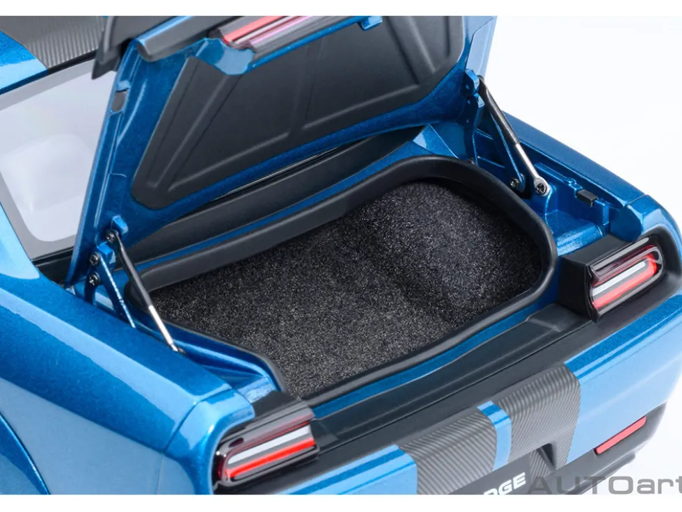 2023 Dodge Challenger SRT Super Stock Frostbite Blue Metallic with Carbon Stripes 1/18 Model Car by Autoart