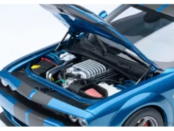 2023 Dodge Challenger SRT Super Stock Frostbite Blue Metallic with Carbon Stripes 1/18 Model Car by Autoart