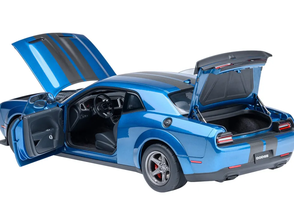 2023 Dodge Challenger SRT Super Stock Frostbite Blue Metallic with Carbon Stripes 1/18 Model Car by Autoart