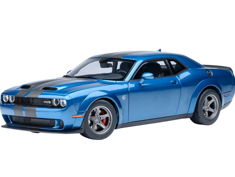 2023 Dodge Challenger SRT Super Stock Frostbite Blue Metallic with Carbon Stripes 1/18 Model Car by Autoart